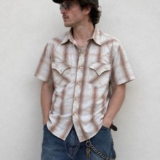 H Bar C California Ranchwear Pearl Snap Western Shirt Men  s M Beige Plaid Y2K