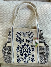 America Beyond Beaded Embroidered Tote Bag In Navy Cream NWT