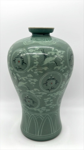 Vtg Korean Celadon Crackle Glaze Vase Crane Cloud Floral 9” Green Porcelain