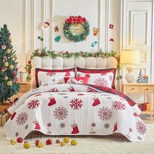 Christmas Quilt Set Queen Size 88x88 - White Red Socks Red Gray Snowflake w...