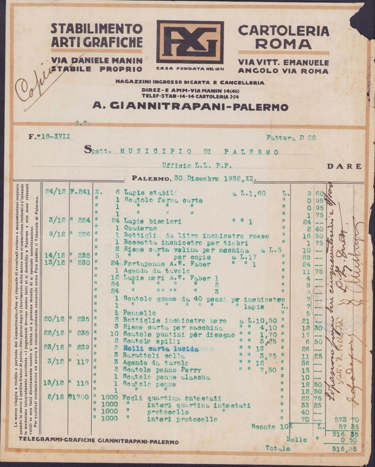 PALERMO 1940 fattura STABILIMENTO ARTI GRAFICHE A. GIANNITRAPANI a MUNICIPIO