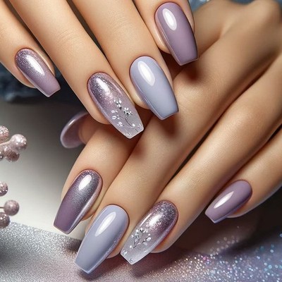 Purple Glitter Press On Nails Coffin Fake Nails Glossy Ombre Nail Set