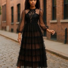 Maxi Vestido de Noche Giffniseti Negro Encaje Lunares Malla En Niveles Nuevo con Etiquetas