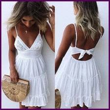 Sexy Deep V Neck Backless A Line Dress Women Summer Embroidery Lace Mini Dresses