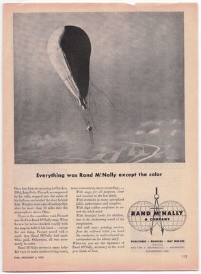 Rand McNally Magazine Ad 1951 Maps Books Publishing Piccard Balloonist