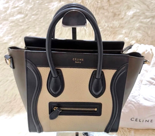 CELINE Luggage Nano Shopper 2Way Handbag Beige Black Khaki Leather