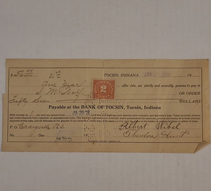 1920 Bank of Tocsin Tocsin Indiana Promissory Note with 2¢ Stamp