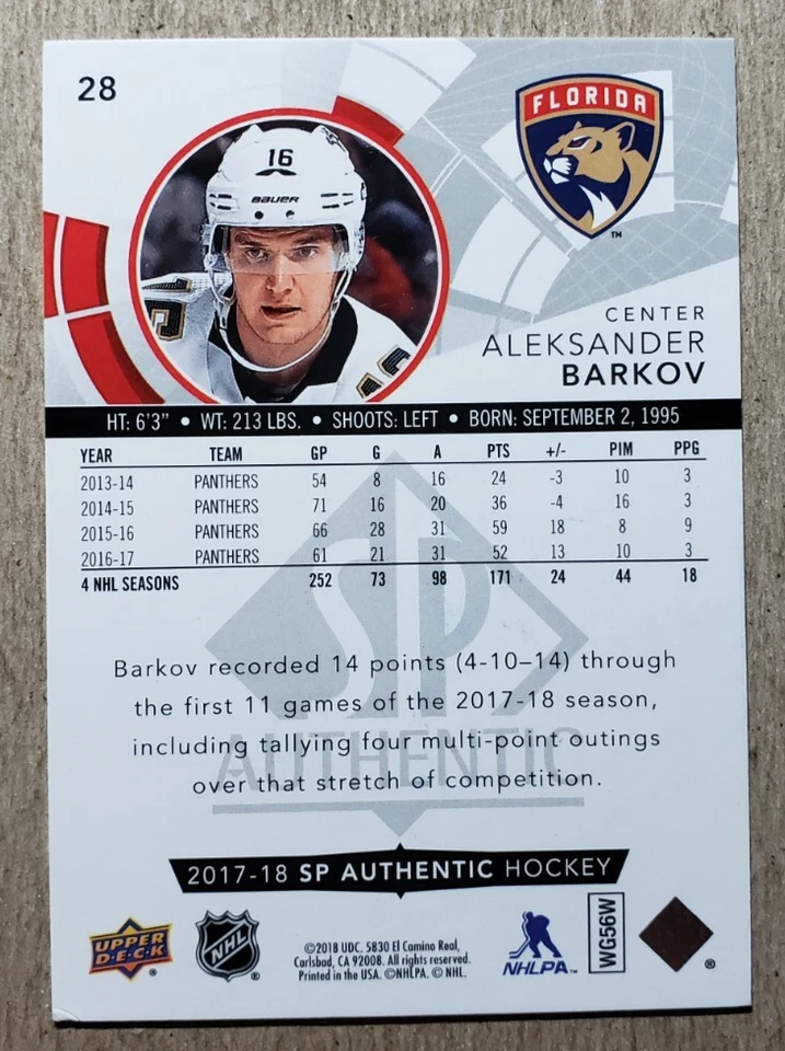 Aleksander Barkov Signed 2017 SP Authentic Autograph Hockey Card Panthers Auto - Image 2 of 2