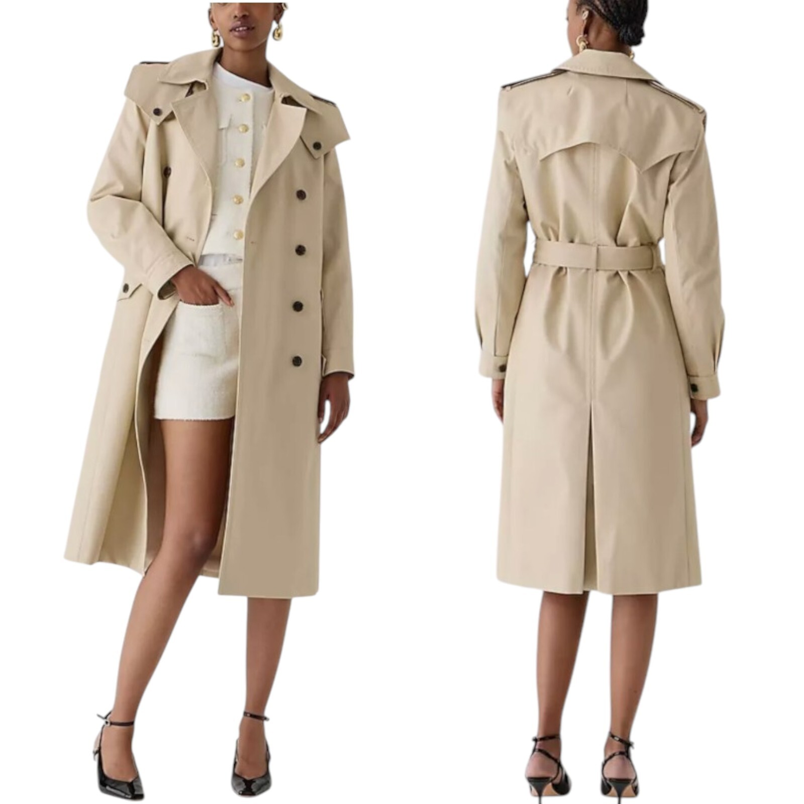 Beige double-breasted belted trench coat