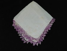 Vintage White Cotton Hankie with Lavender/Purple Crochet Edges H303