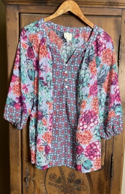 Fig and Flower Women's Size 1X 3/4 Raglan Sleeve V-neck Sheer Pullover Tunic