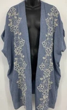 Style & Co Women Kimono Size Medium Chambray Denim Embroidery Floral Top New