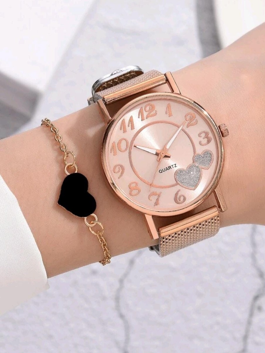 Rose Gold Alloy Mesh Band Wrist Watch Heart Shape Bracelet For