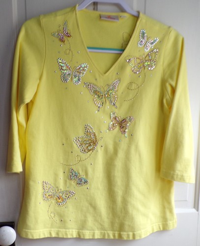 Quacker Factory Womens 3/4 Sleeve Yellow Butterfly Sequin Beaded Top Size S
