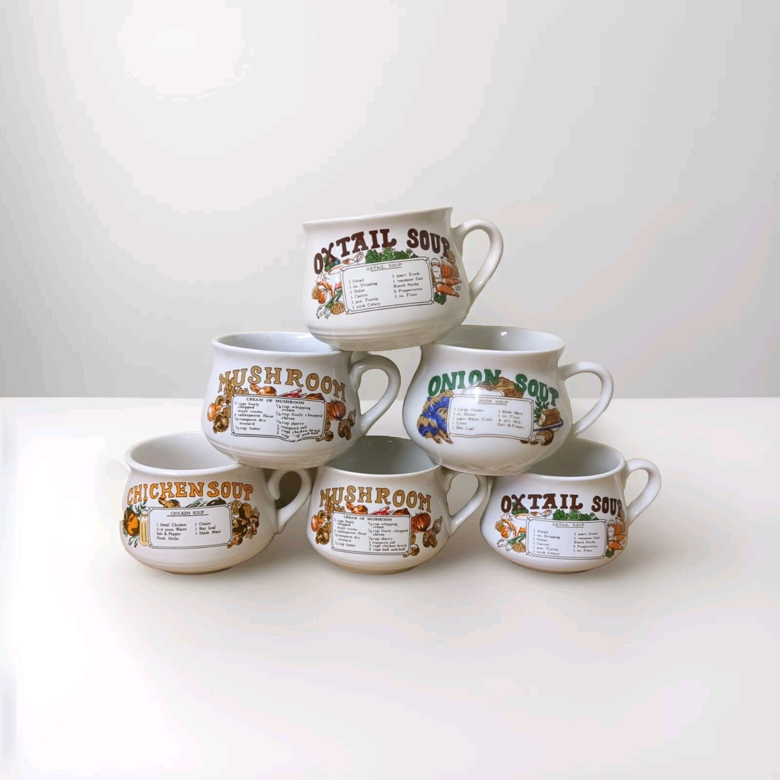 Vintage 70’er Jahre Suppe Rezept Tassen Set 6 Tassen mit Griffen