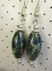 Vintage Western Cow Girl Dark Green Jasper Bead Dangle Hook Earrings USA