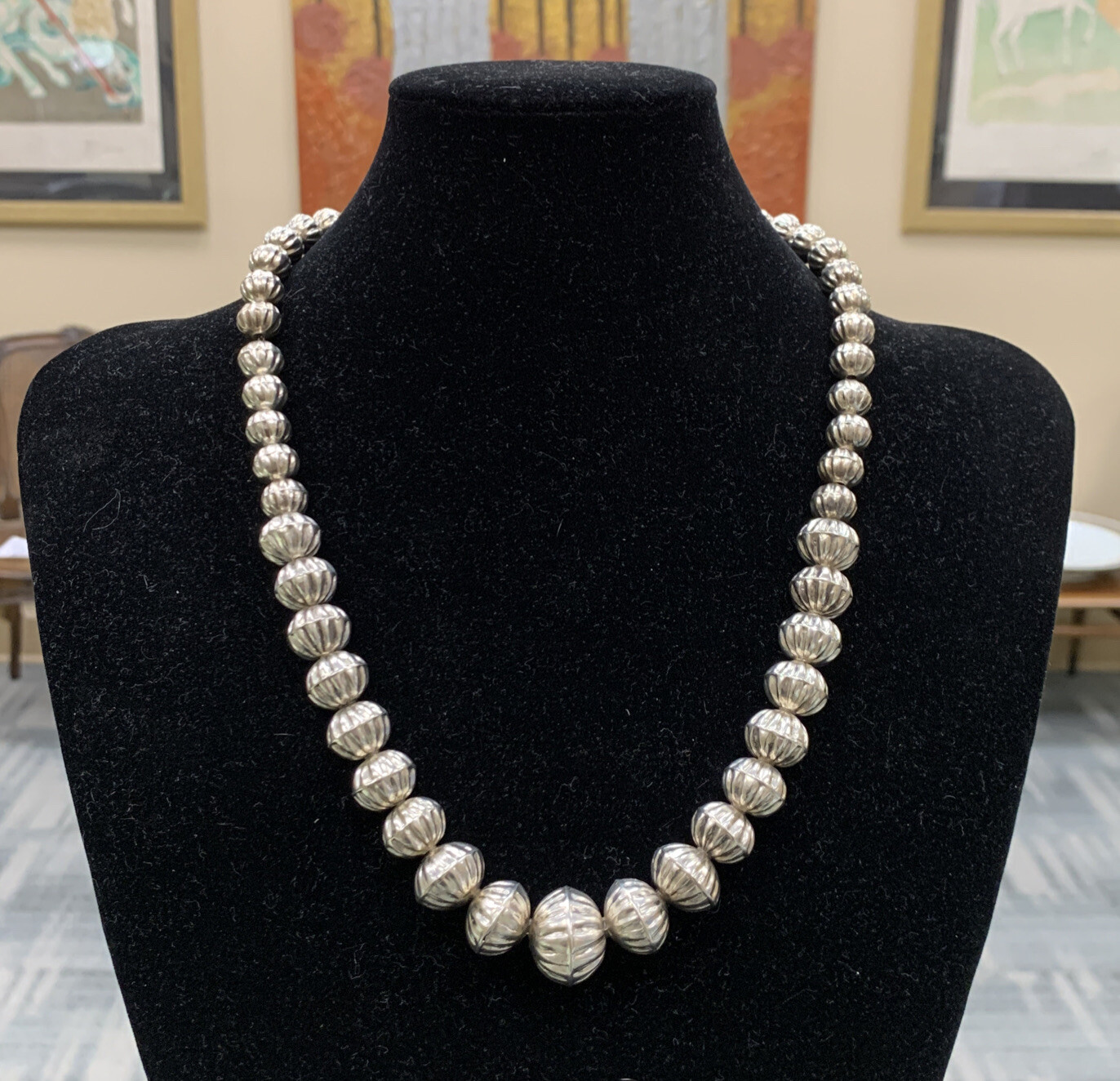 Vintage Taxco Ribbed Ball Bead Tapered Sterling Silver 925 Link Chain