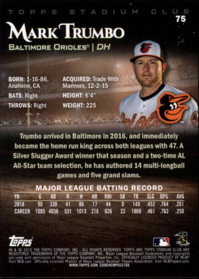 2019 Topps Stadium Club Black and White #75 Mark Trumbo Orioles - Image 2 of 2