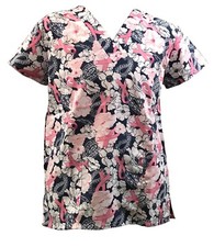 Womens Fashion Medical Nursing Scrub Tops White Pink Flower Ribbon XS