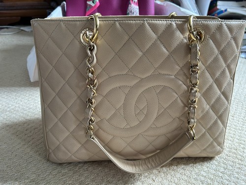 100% Genuine Chanel Beige Caviar GST Grand Shopping Tote Bag with Gold Hardware