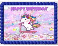 Adesivo Cake Topper Unicorno Su Scooter Immagine Commestibile Buon Compleanno