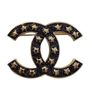 Authentic Chanel CC 124C Comet Star Pin Brooch, Gold Toned, Black Sparkly Enamel