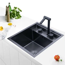 Kitchen Sink Single Bowl Combo W/Faucet+Drain Pipe+Lid Home Kitchen Square Sink