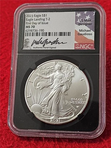2021  Silver Eagle $1 T-2 ASE NGC MS 70 EAGLE LANDING MICHAEL GAUDIOSO #T1692