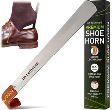 Extra Long Metal Shoe Horn with Leather Handle - Durable Shoe Spoon for Easy Use