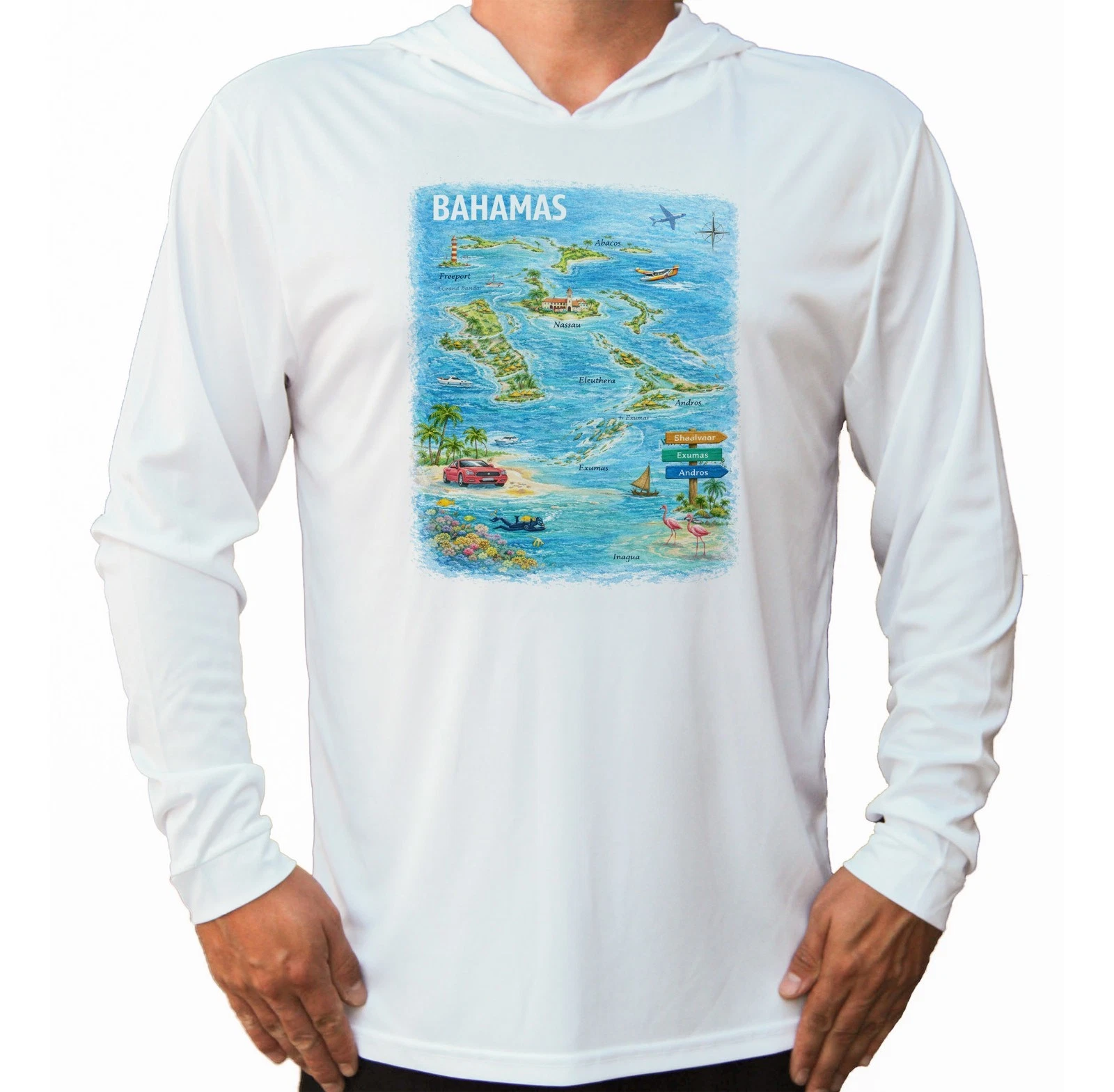 Bahama Islands Sport UV Protected UPF 50 Long Sleeve T-Shirt Hood Fishing