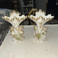 Pair of Antique Hand-Painted & Gilt Floral Old Paris Vieux Porcelain Spill Vases
