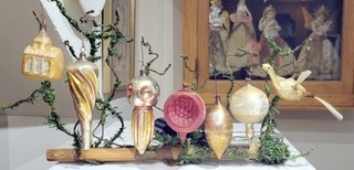 Seven 1890s larger German Glass Ornaments. Swan Indents Church Geometrics
