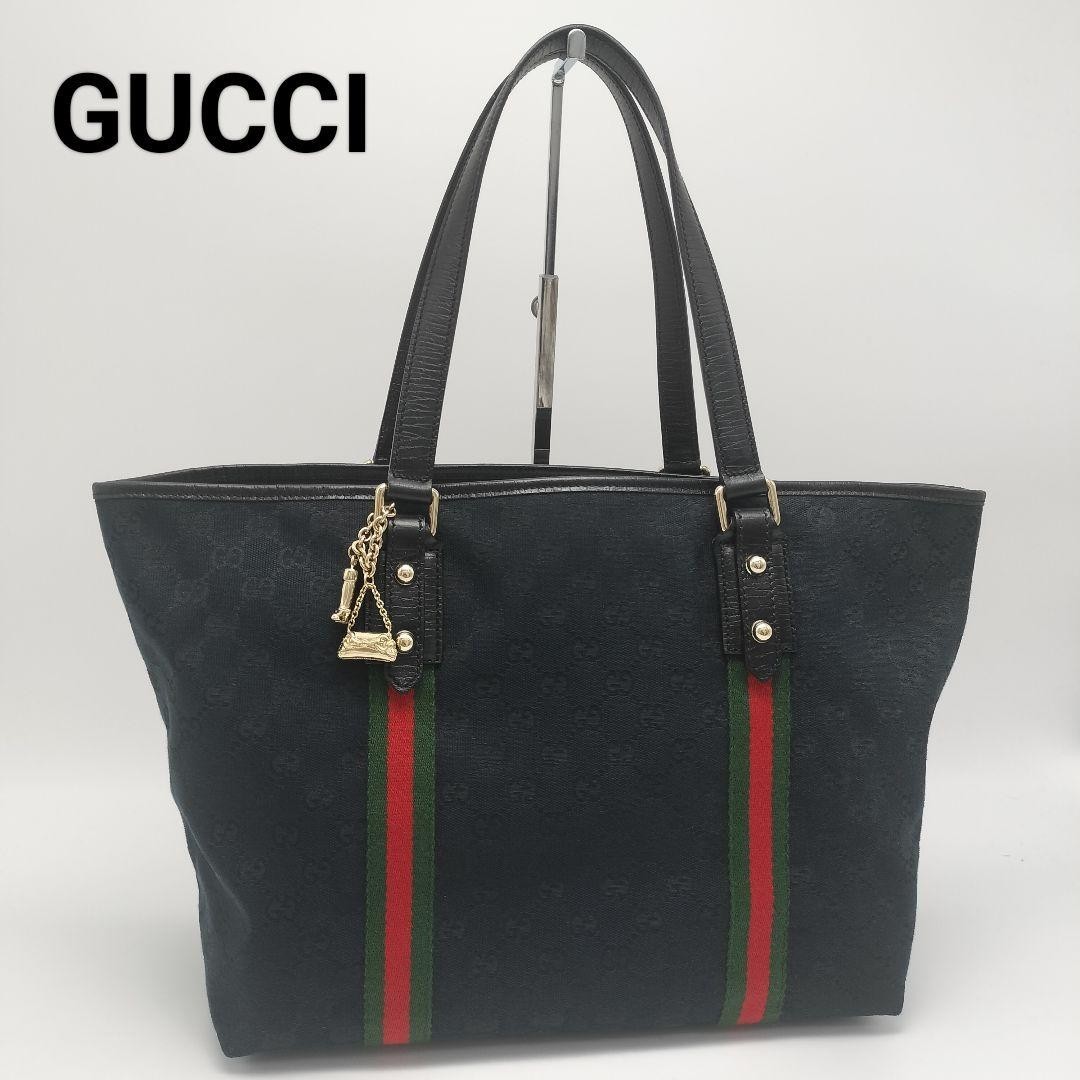 GUCCI Sherry Line Black Canvas Leather Tote Shoulder Bag Handbag Authentic