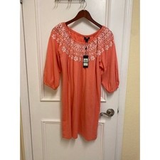 Tommy Hilfiger Coral Peach White Embroidered Cotton MIDI Dress Ladies Size Large