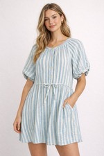 🔥 OLD NAVY Blue & White Striped Cotton Babydoll Dress XL GUC Puff Sleeve 🔥