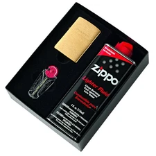 Zippo #204 Brushed Brass Lighter + Fluid + Flints Gift Boxed 