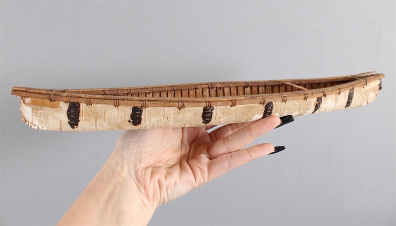 Antique Handmade Micmac Indian Miniature Birch Bark & Wood Canoe NR
