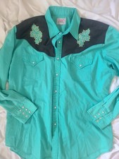 Ely Diamond Pearl Snap Shirt Western Embroidered Leaf Rockabilly Vintage 80's XL