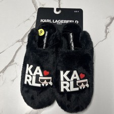 NWT Karl Lagerfeld Faux Fur Slippers Women Size 9 Cozy Logo Y2K Style Black