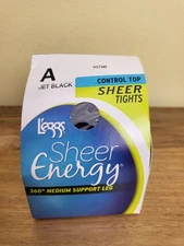 Leggs Sheer Energy Control Top Sheer Tights Jet Black Pantyhose Size A