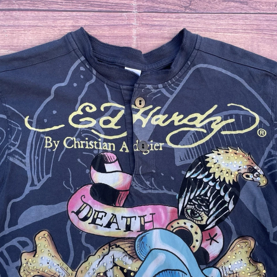 Camisa De Colección Ed Hardy Calavera Muerte Gloria AOP Tatuaje Manga Larga Y2K Para Hombres Talla L Foto 2 de 4
