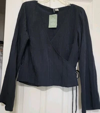 NWT! DIVIDED H&M Black 71% Recycled Polyester Wrap-a-round Blouse, Sz XL