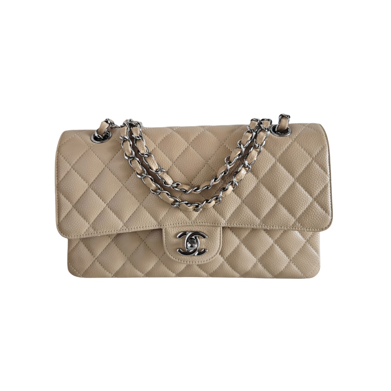 Chanel Beige Carviar Leather Double Flap Medium Classic Flap Women Bag