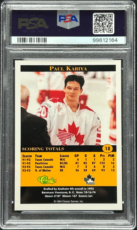 1994 Classic Pro Hockey Prospects PAUL KARIYA #18 PSA 9 ~ POP 1/8 -only 7 higher - Image 2 of 2