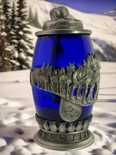 Anheuser Busch Blue Glass Beer Stein; Members Only Clydesdales World 2004 8”