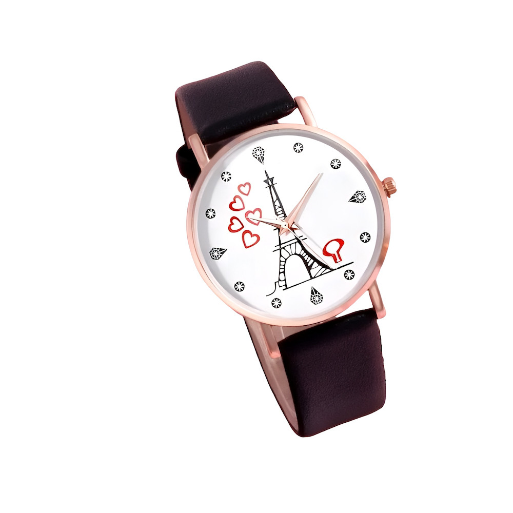 Montre femme cuir noir et cadran acier doré rose Tour Eiffel pour un style sans faute de goût