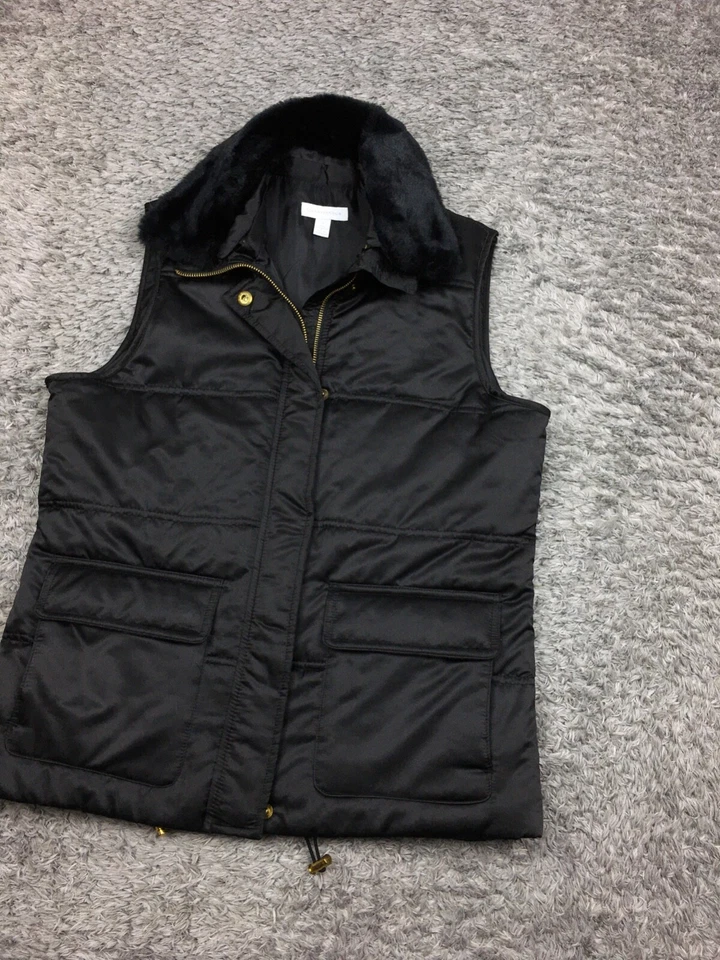 Charter Club Puffer Chaleco Chaqueta Mujer Talla Pequeña Negro Cuello de Piel Sintética Foto 2 de 4