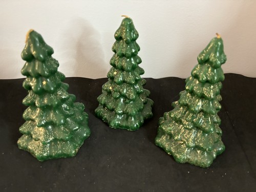 3 Vtg Wax Candle Christmas Tree Green Gold Glitter Star Retro Holiday 7.5 Inches - Picture 4 of 9