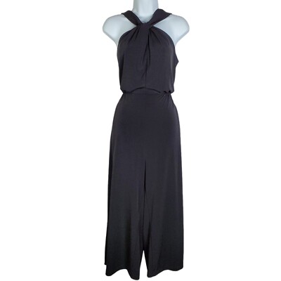Clara Sun Woo Grecian Halter Pocket Jumpsuit Size M Black Sleeveless Travel Knit