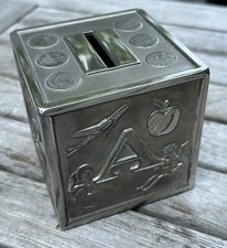 Vintage Silver Plated Piggy Bank Baby Block Coin Bank World Coin EUC